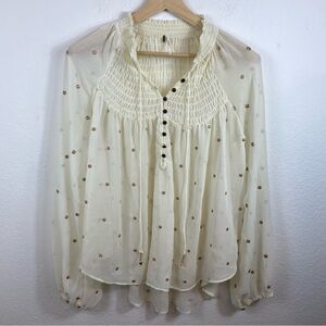 Free People XS Ready To Run Dot Smocked Georgette Top Blouse Cream Sheer High Lo